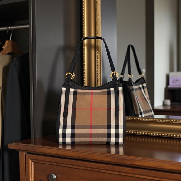 Authentic Burberry House Check Derby Leather Small Canterbury Tote Bag Black - Picture 3 of 16